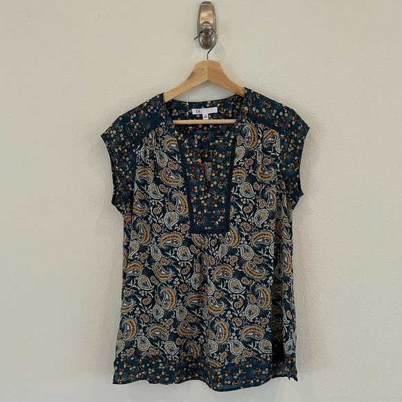 DR2 Women's Paisley Printed Cap Sleeve V-Neck Tunic Blouse Size Medium - Picture 2 of 8